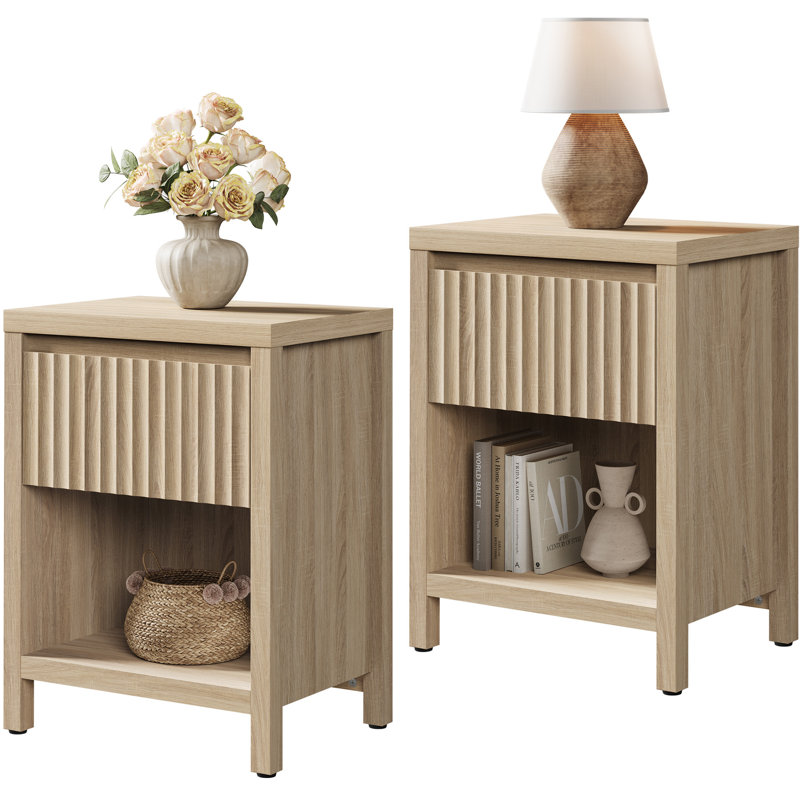 Allete Modern Fluted 1-Drawer Nightstand With Open Shelf Storage, Sandstone Beige