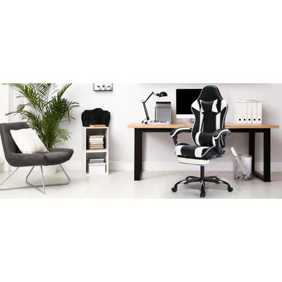 Fauteuil de jeu noir et blanc pour adultes, respirant, avec repose-pieds, support lombaire, réglable 90 - 135, pivotant à 360 °, respirant, avec fonction de massage