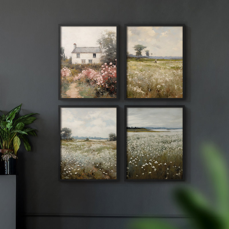 "Vintage Landscape XXV III", 4 pièces sur papier, Noir, H 10 po x l 32 po