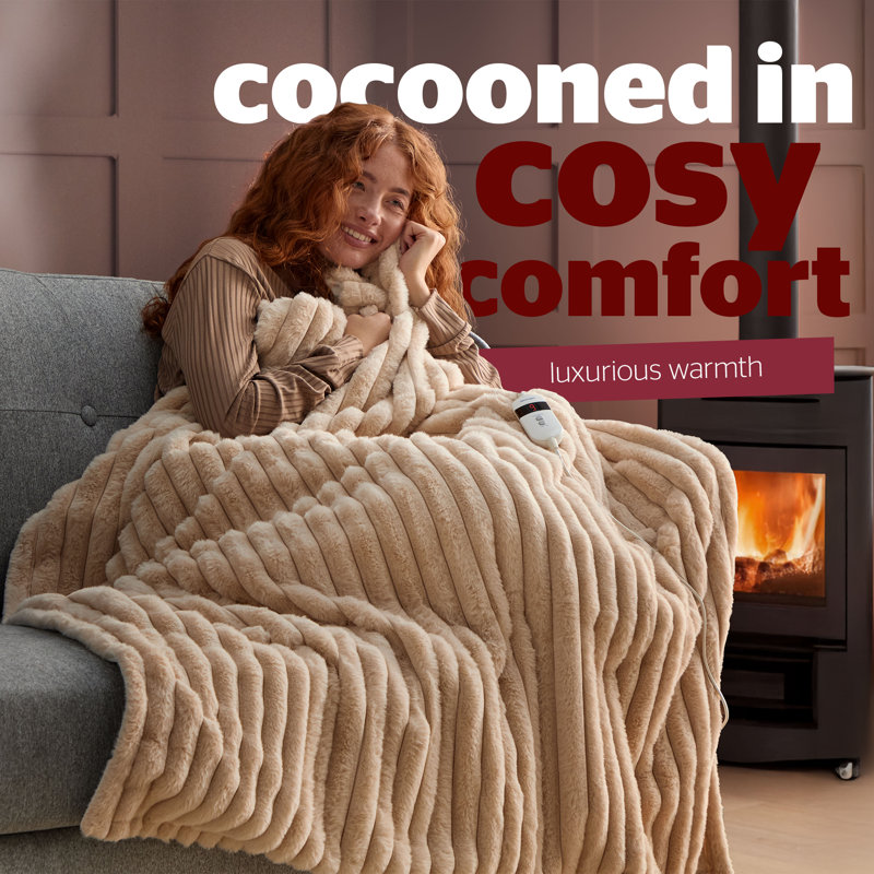 Silentnight Luxury Ribbed Faux Fur Heated Throw, Beige