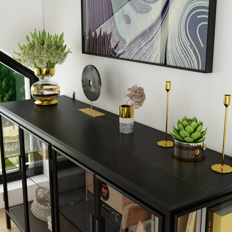 Aydee 55'' W Sideboard With Glass Doors And Led Lights, Black
