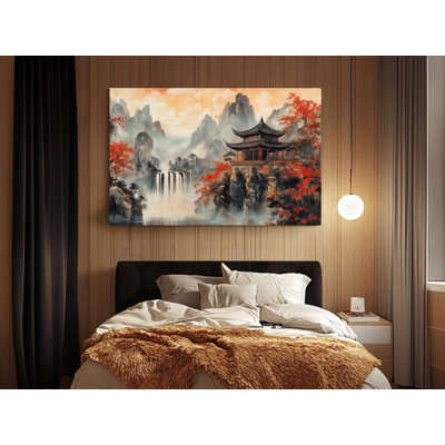 Japanese Landscape Canvas Art, Traditional Asian Wall Decor, Elegant Waterfall Painting, Painting Reproduction