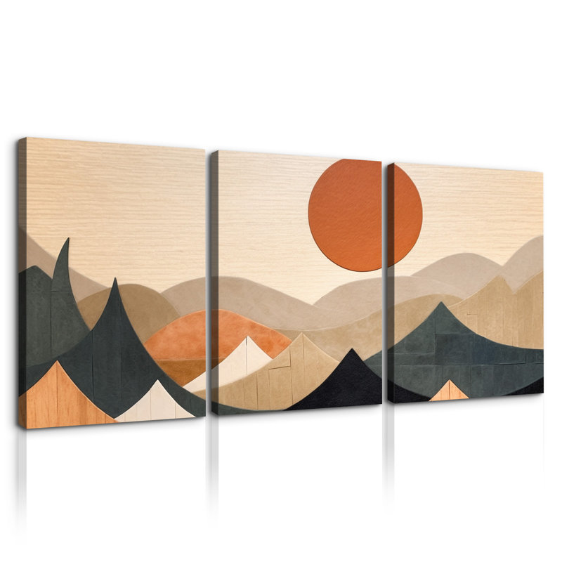 Abstrait grain de bois de style bohème de montagne encadré sur toile, ensemble de 3 pièces, H 12 po x l 18 po x P 4,5 po