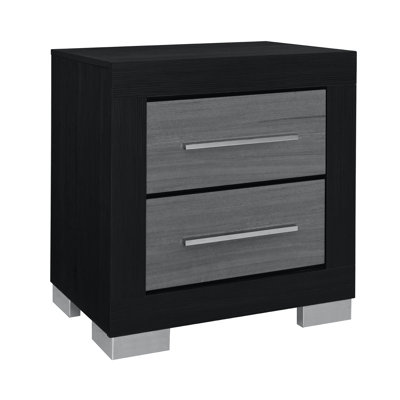 Transitional Square Nightstand Made Of Black Rubberwood With Two Drawers, Bar Handle, Block Style Legs, Joints For Bedroom Accommodation Needs In Shape, Finish, Legs Design