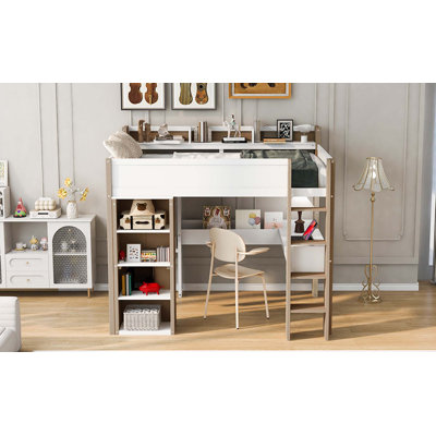Lit mezzanine double en bois avec tablettes de rangement intégrées, tringles à vêtements et bureau