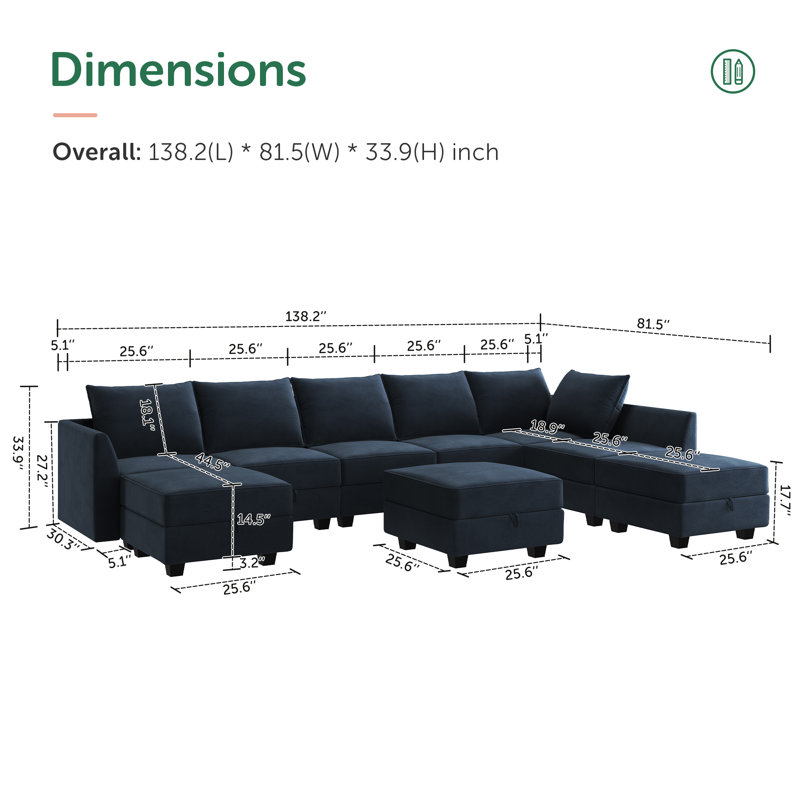 Canapé modulaire en U avec méridienne Tremee, Velours bleu