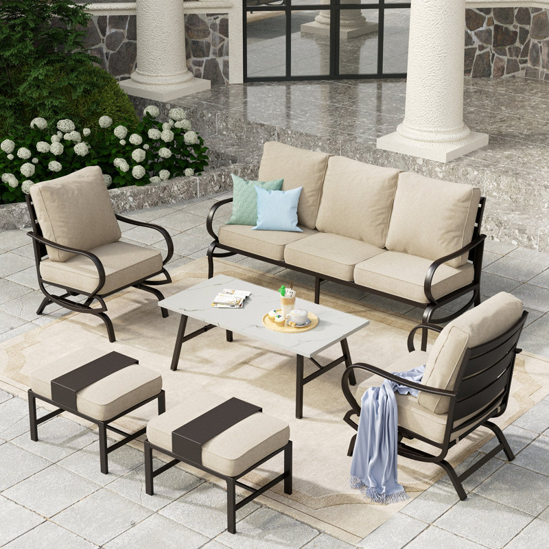 Tapasi Patio Conversation Set with Rocking Lounge Chairs  & Sofa, Beige, Yes