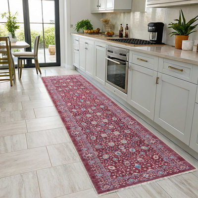 Burgundy Floral Multicolor Cotton Chenille Kilim Non-Slip Cotton Base Kilim