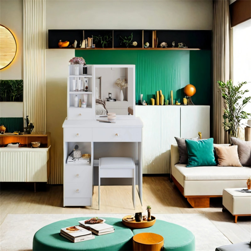 Commode de table 29,2 po avec tabouret rembourré, Blanc