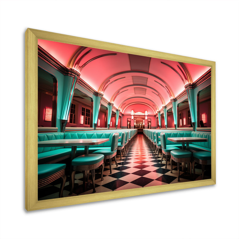 «Pink Nostalgic Tunes Fast Food 1960S Diner - Jukeboxes», art mural, Cadre doré à coins fermés, H 16 po x l 32 po x P 1 po