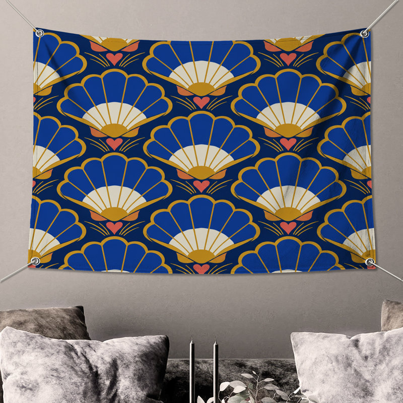 Art Deco Shells Wall Tapestry - Shells Wall Decor, 68in H x80in W with 4 Grommets