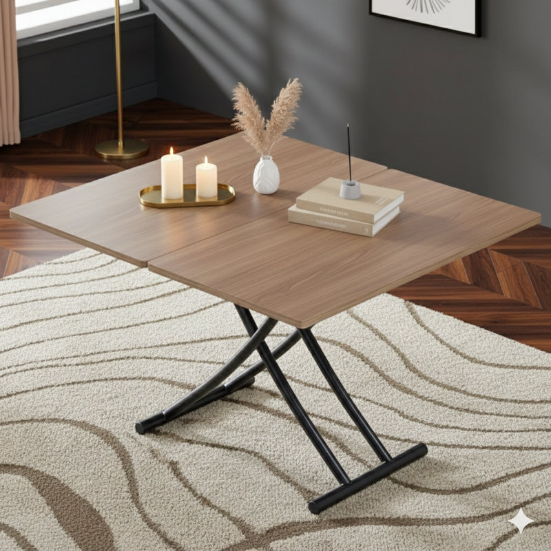 La table élévatrice multifonctionnelle moderne et minimaliste, comprend un bureau en vinyle de grain de bois de 0,8 pouce et des pieds en métal noir, peut être utilisée comme coiffeuse, table basse, table de salle à manger et bureau