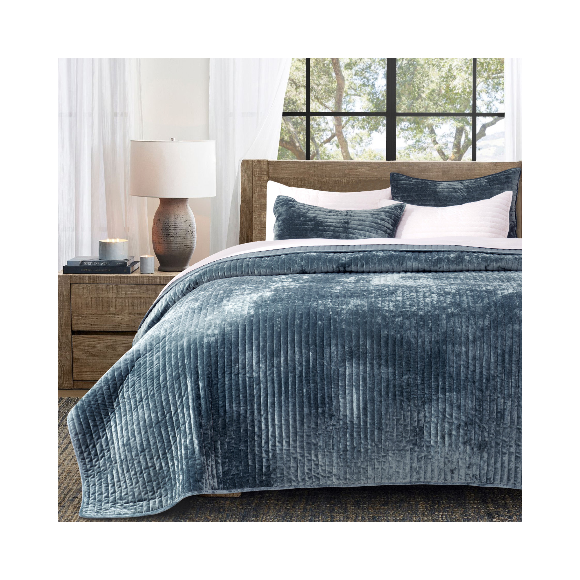 Luxe Velvet Channel Quilt Set, King, Stormy Blue
