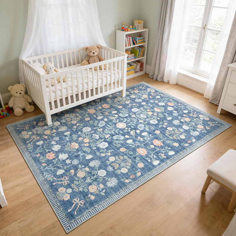 9x12 Floral Area Rug, Washable Non Slip Foldable Rug for Dining Room Office, Blue, Blue, Rectangle 9' x 12'