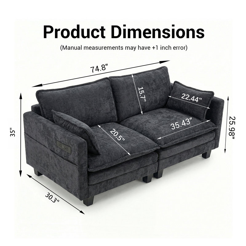 Canapés avec port USB, canapé moderne 2 places en chenille noire de 190 cm (74,8 po) pour petits espaces, Black