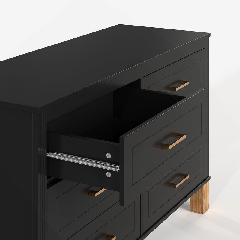 Commode 6 tiroirs, commode de rangement moderne avec poignées en métal et pieds en bois massif, Noir