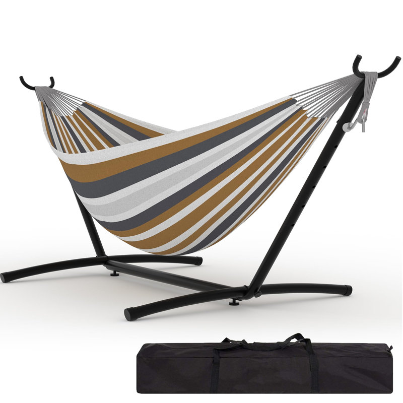 Hammock with Curved Wooden Arc Stand and Side Tightening, 110"l x 43"w, Iron Frame & Cotton Polyester, Suitable for Indoor & Outdoor Use