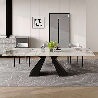 9 - Piece Dining Table Set With 94.5'' Extendable Sintered Stone Dining Table And 8 Fabric Chairs