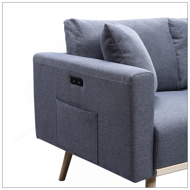 E 56.5" Dark Gray Linen Fabric Loveseat With USB Charging Ports Pockets & Pillows