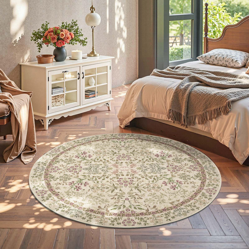 Floral Machine Washable Area Rug, Round 6'