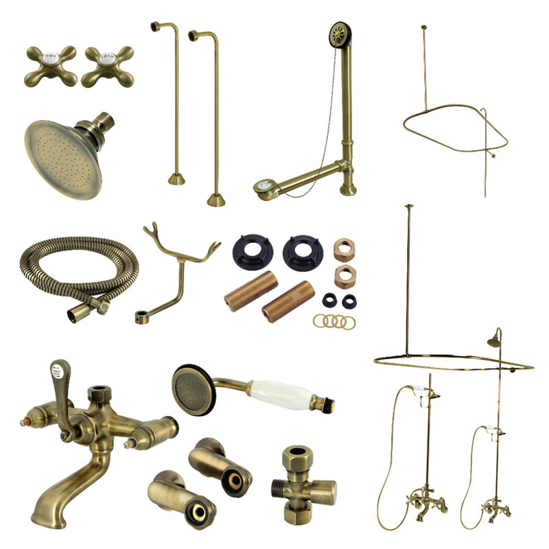 3 robinets de baignoire à pattes fixés au mur, Laiton antique