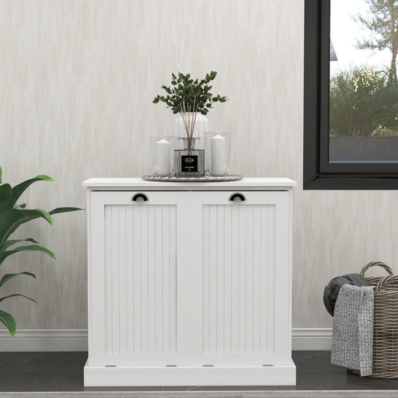 White Laundry Cabinet With Two Compartments, Painting, Removable Bags For Sorting, Easy Assembly, 100-pound Load Capacity Cabinet, Painted, Bags, Load, Assembly Required Within 2 Hours