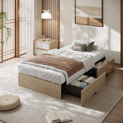 Twin Wood Platform Bed Frame with 2 Storage Drawers, Floor Bed with Wood Slats, No Headboard, No Box Spring, Natural