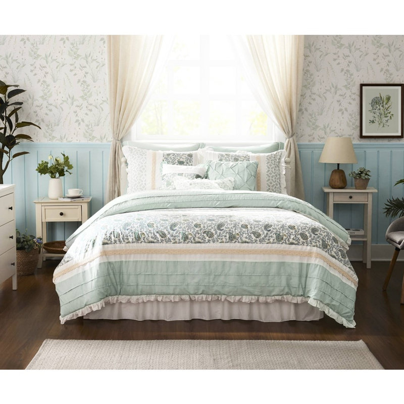 9 pièces en coton pour très grand lit - thème Shabby Chic avec édredon, édredons, taies décoratives et adorables coussins décoratifs