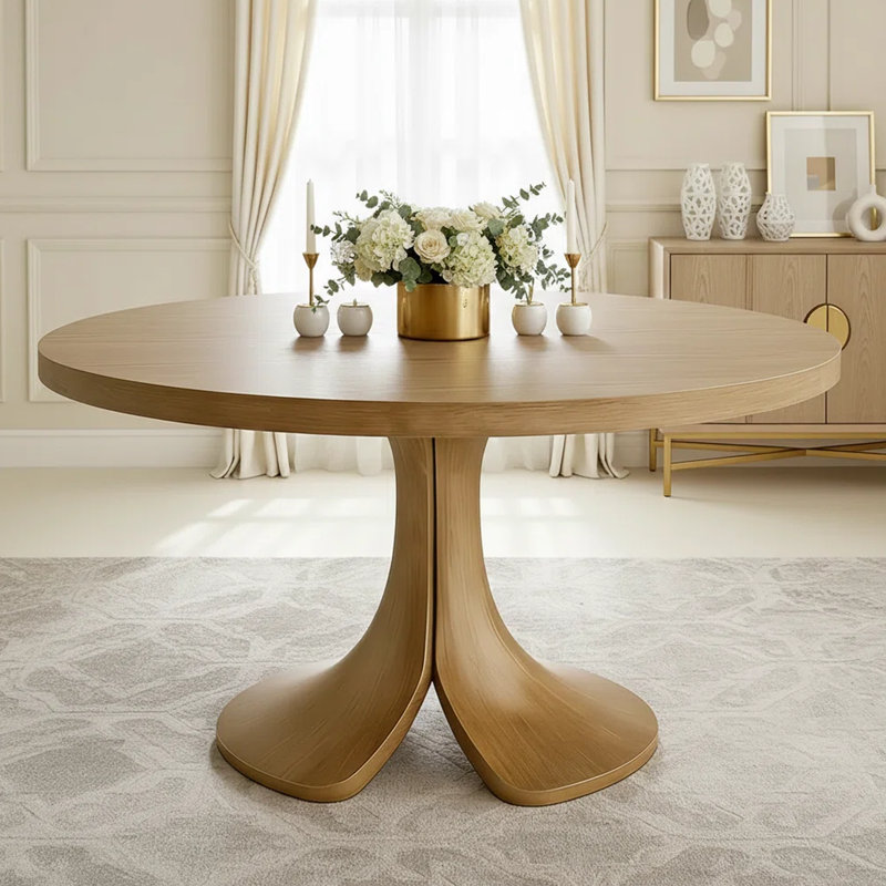Aurora Luxury Solid Wood Round Dining Table - 2” Thick Tabletop With Sculptural Pedestal Base - Mid-Century Modern Centerpiece For Kitchen & Dining Room