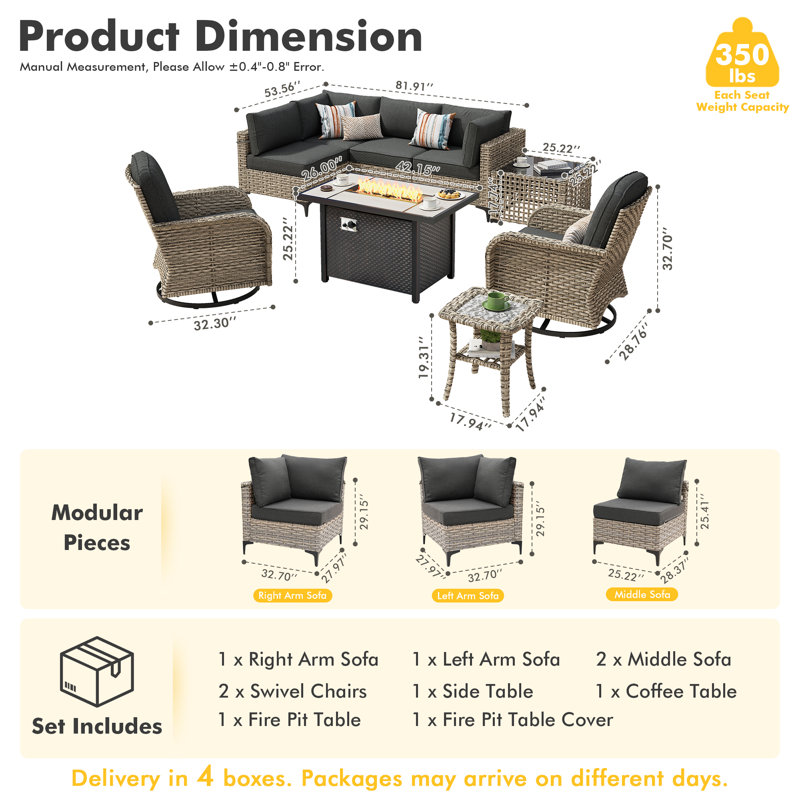 9-Piece Outdoor Patio Conversation Set With Fire Pit Table, Modular Pe Wicker Sectional Sofa, Lighted Coffee Table, All-Weather Rattan Set