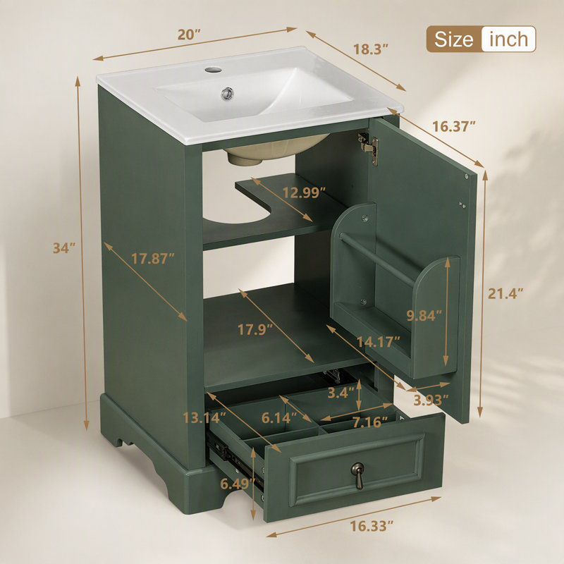Meuble-lavabo de 20 po avec lavabo en céramique, porte à fermeture en douceur, tablette ajustable en forme de U, tiroir de compartiment et support de porte, style moderne, conception peu encombrante