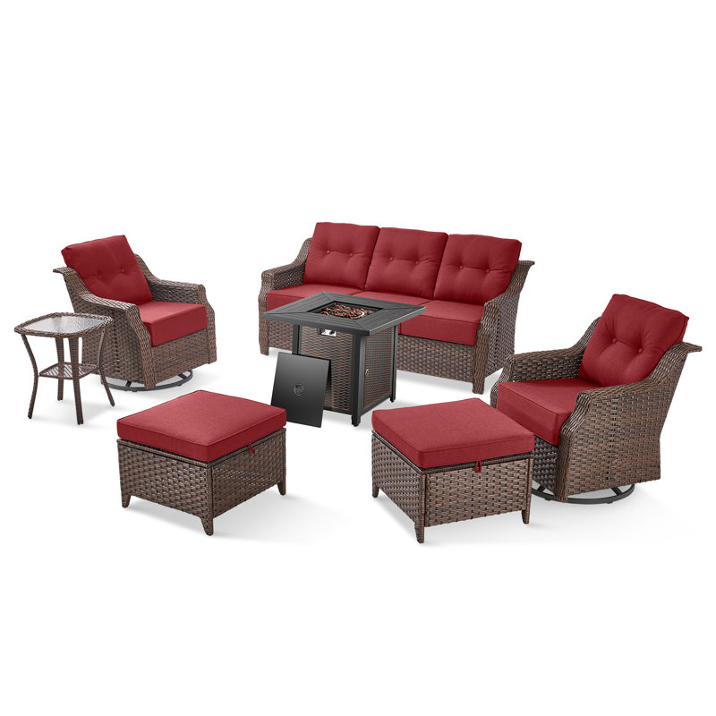 Circlarmino 7-Piece Outdoor Wicker Patio Conversation Set With Square Metal Fire Pit, Swivel Gliders, Ottomans And Side Table For Patio