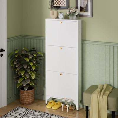 Shoe Cabinet With 3 Flip Drawers-metal Narrow Shoe Rack For Entryway,hallway,living Room-hidden Metal Shoe Cabinet-freestanding Shoe (3 Door Width 500, White)
