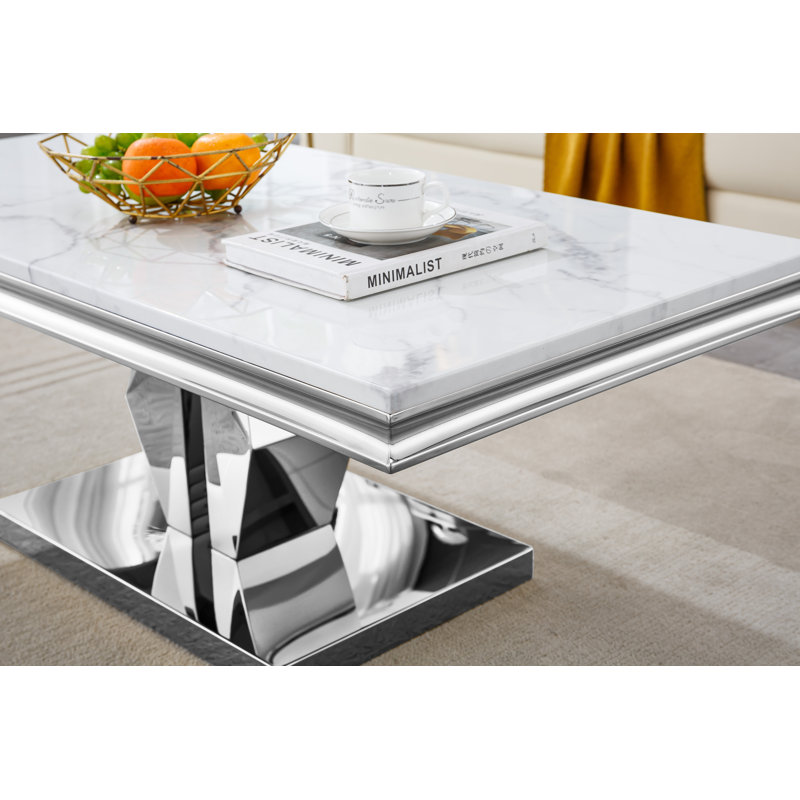 47.25 Inch Faux Marble Coffee Table, Rectangular Marble Top Living Room Table, Side Sofa Table, Modern Center Table with Silver Mirrored Finish Stainless Steel Base for Apartment Home Office