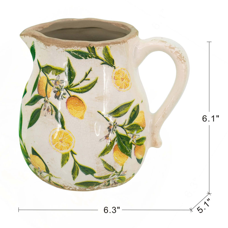 Ceramic Pitcher Vase With Yellow Lemon Motif, Yellow/Green, 6.1" H x 6.3" W x 5.1" D