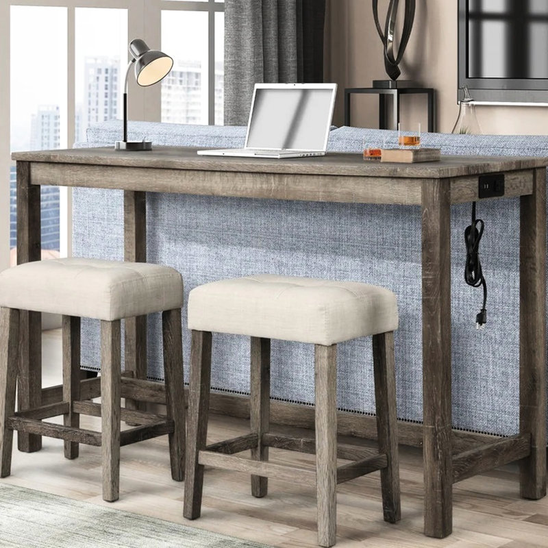Table de salle à manger rustique 3 pièces: table en bois massif avec prise électrique, 2 tabourets revêtus de lin au design transitionnel pour les espaces et l'électricité, mélange de pièces