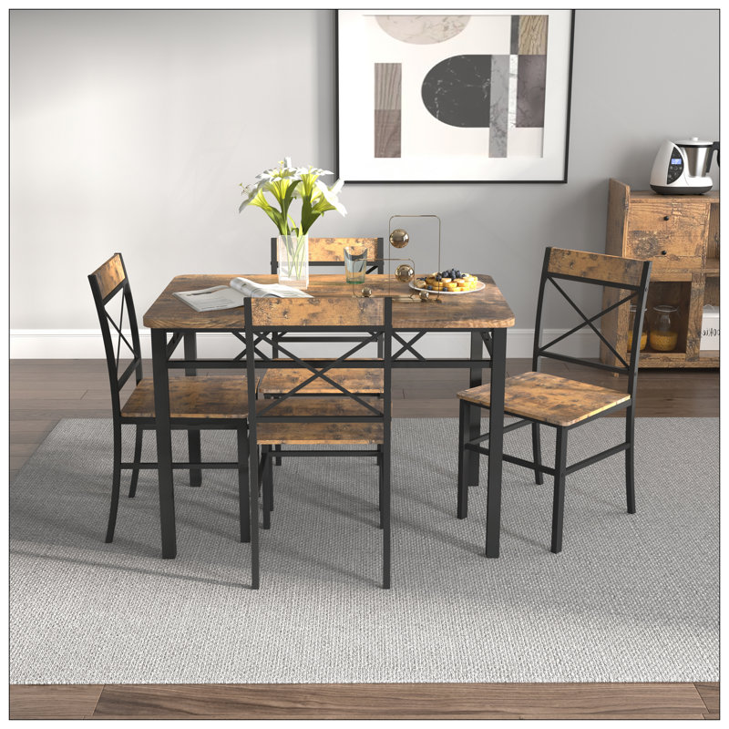 Dining Table Set For 4, Kitchen Table With Chairs Dinning Table Set For Kitchen & Dining Room, Compact Dining Set For Small Spaces, Rustic Brown