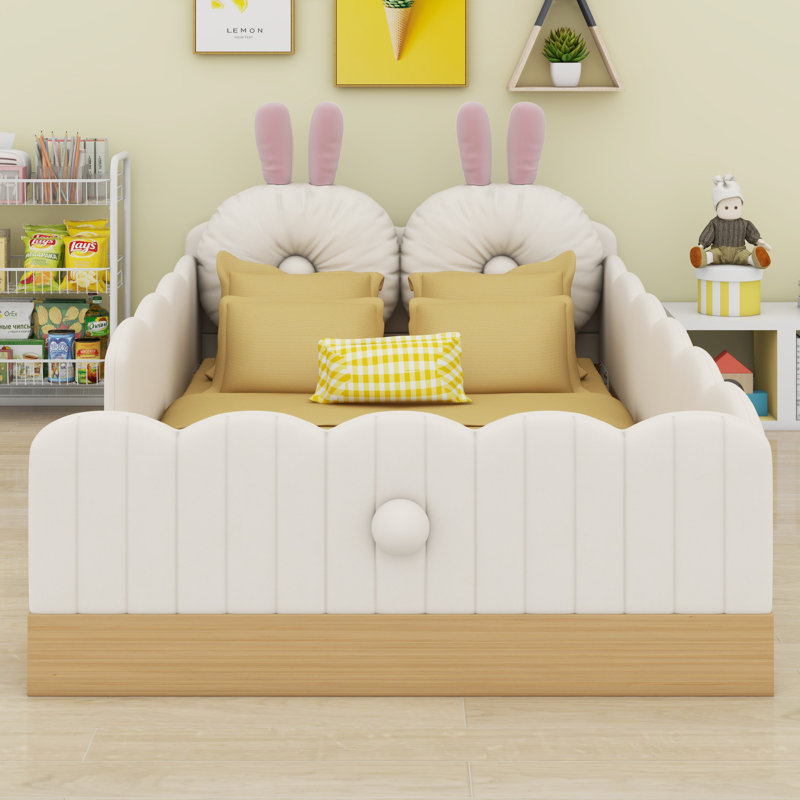 Lit plateforme tapissier confortable avec coussins d'animaux mignons et sacs de rangement intégrés