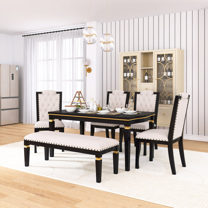 Ensemble de table de salle à manger 6 pièces avec 4 chaises rembourrées à dossier haut et 1 banc, facile à assembler, Noir