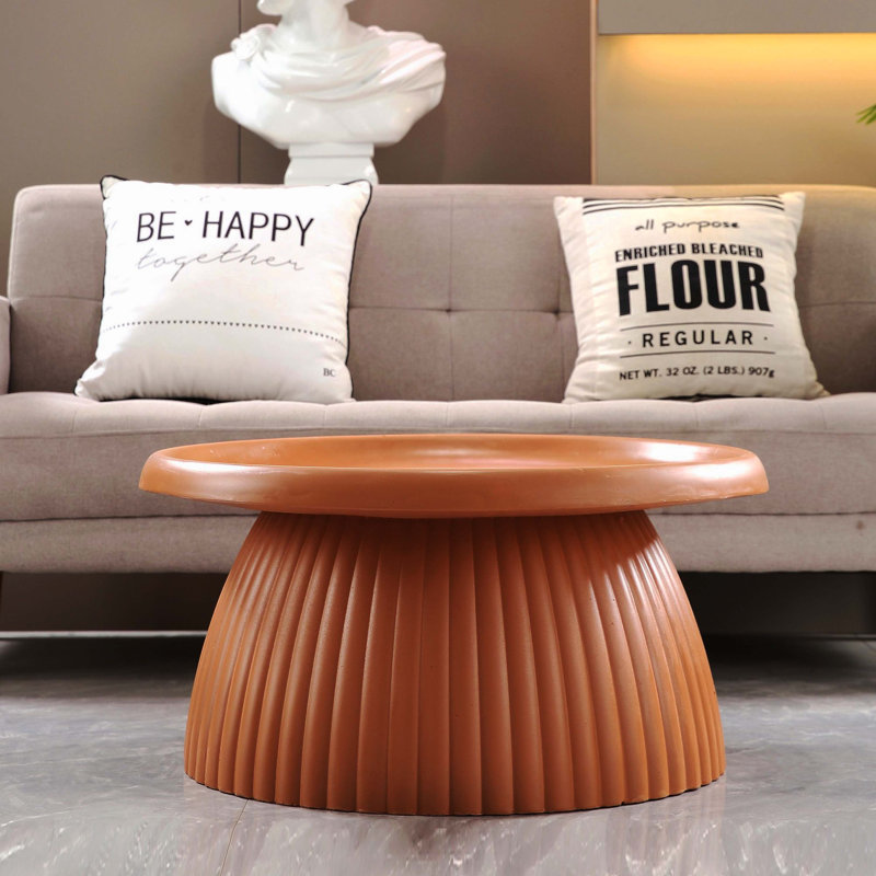 Table basse à base cannelée légère en oxyde de magnésium et en terre cuite, diamètre de 2756 po, Café clair