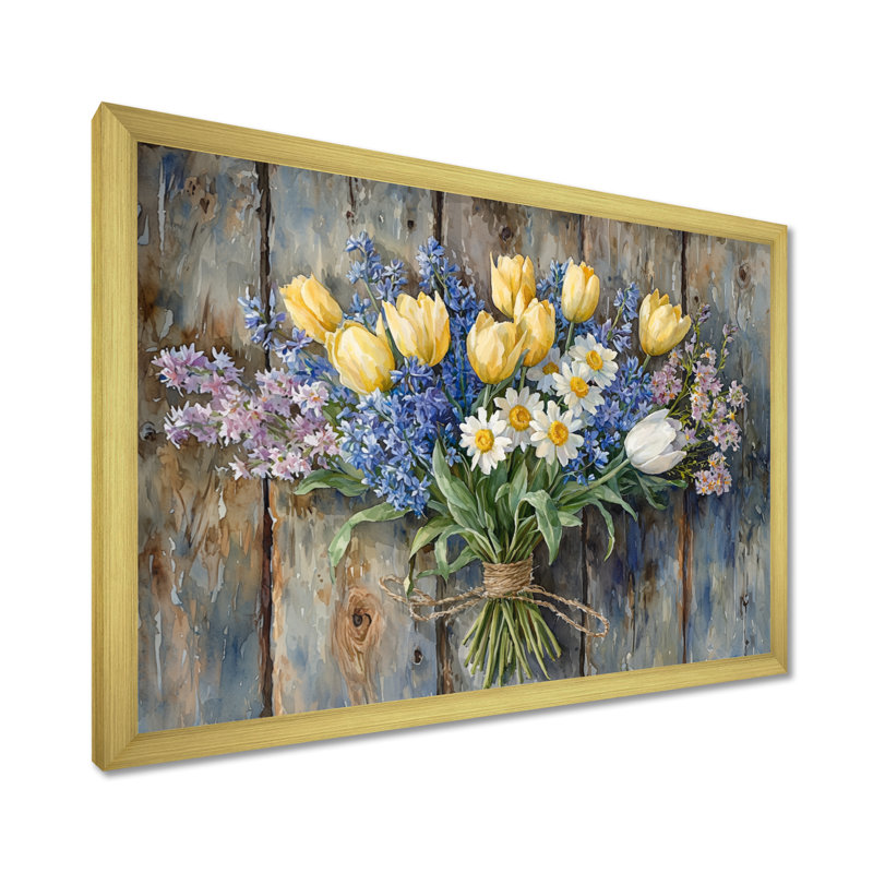 Country Breeze Bouquet I - Assortiment de bouquets d'art mural, H 16 po x l 32 po, Cadre simple, Doré