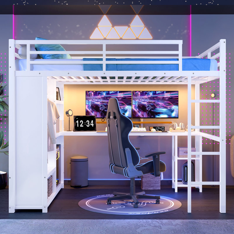 Structure de lit mezzanine grand format avec garde-robe intégrée, lit mezzanine en métal avec bureau et tablettes de rangement
