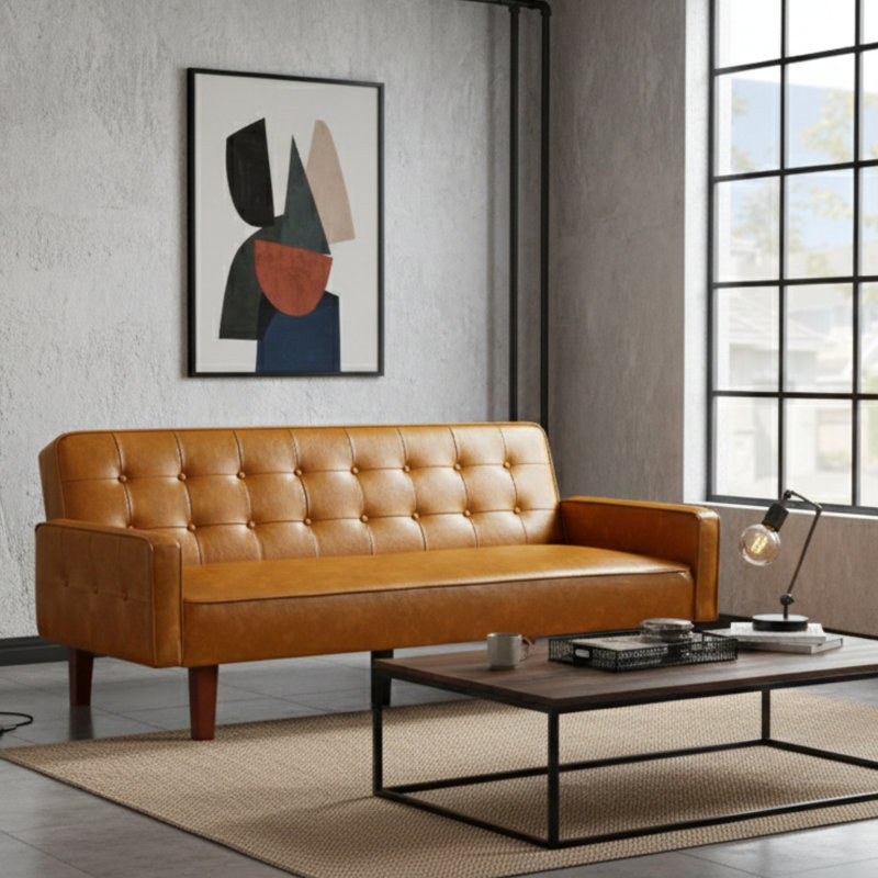 Canapé-lit 74 po Mid-Century, Similicuir brun