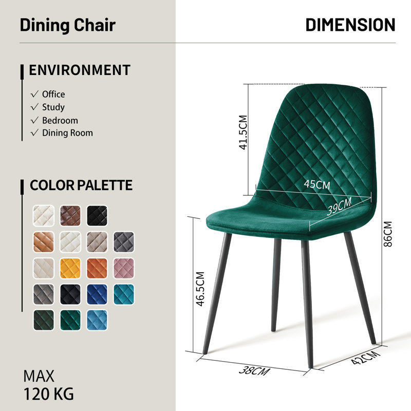 Kaylani Modern Upholstered Dining Chair, Green Velvet, Black, 4