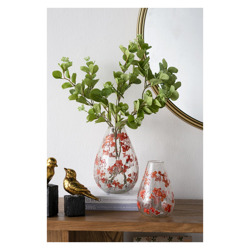 Vase rond en verre transparent avec motif floral rouge, H 7,1 po x P 4,9 po, décoration de table