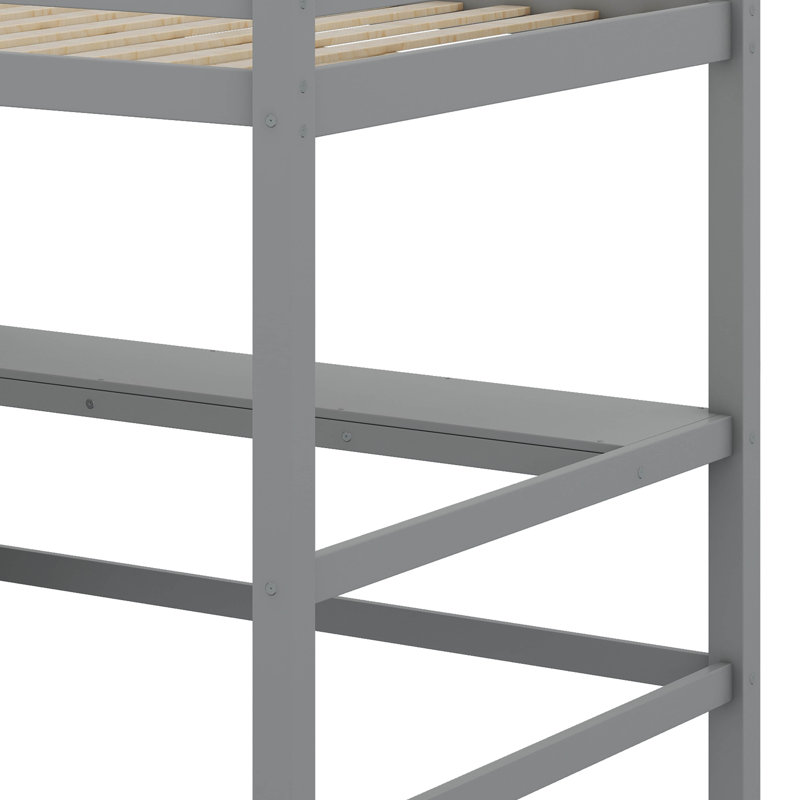 Lit mezzanine double avec tablettes multifonctionnelles et bureau sous le lit, Gris