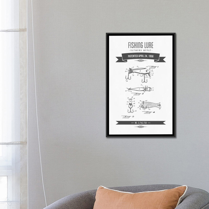 " Raymond McVay Fishing Lure Patent Sketch Retro I " by Aged Pixel, 60" H x 40" W x 1.5" D, Black Framed Canvas, No Mat