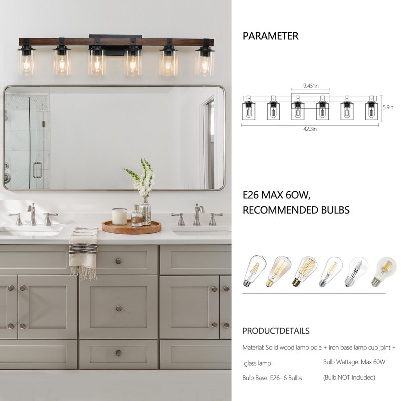 Luminaire de salle de bain 6 lumières 42,3 po, luminaire de salle de bain de style campagnard avec abat-jour en verre, luminaire de salle de bain rustique