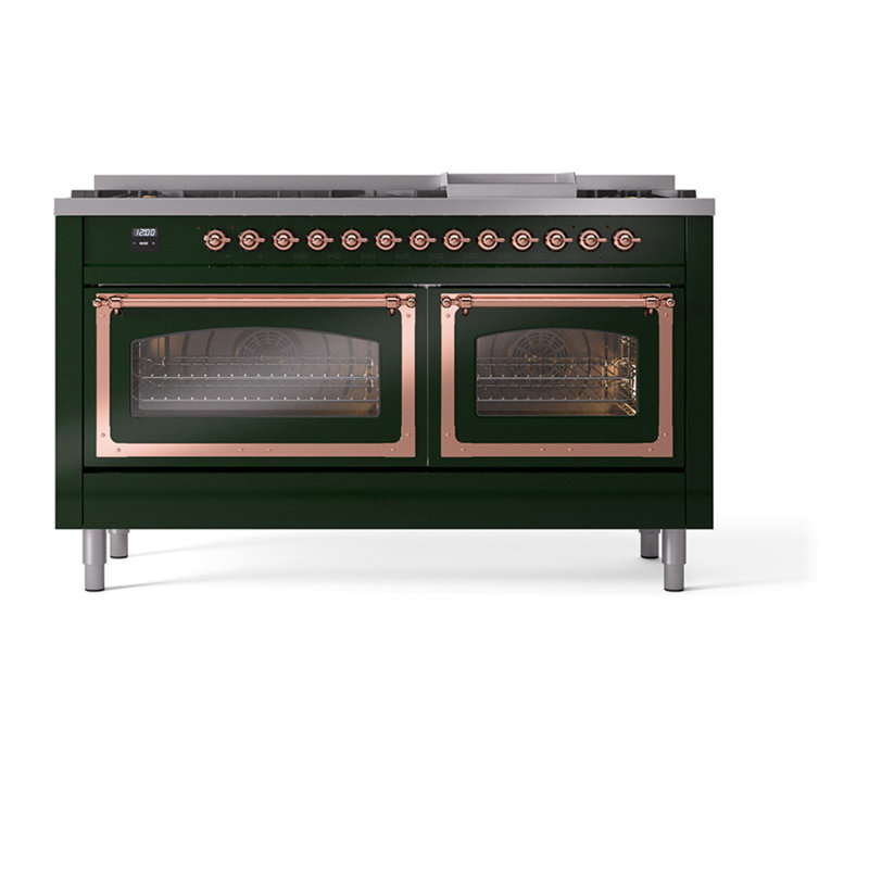 ILVE Nostalgie II Noblesse 60 po à deux brûleurs, 9 brûleurs, plaque chauffante, Propane liquide, Vert émeraude / cuivre
