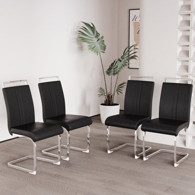 Chaises de salle à manger de bureau 4 pièces: dossier haut en cuir de polyuréthane revêtu de pieds en métal, placage en tube, noir pour la cuisine, chaises modernes (de 4): pieds de placage